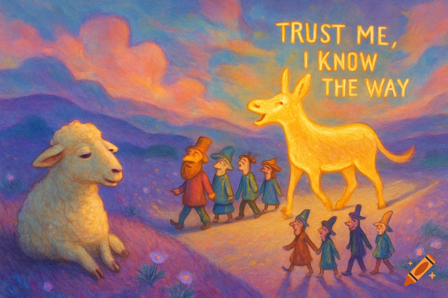 A stylized illustration: a sheep watches small people follow a glowing golden donkey that says 'TRUST ME, I KNOW THE WAY'.