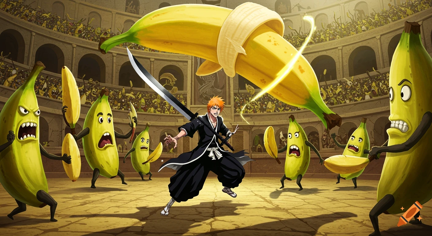 Ichigo from Bleach fights banana demons in a gladiator arena, surrounded by a banana people audience, in an anime style.