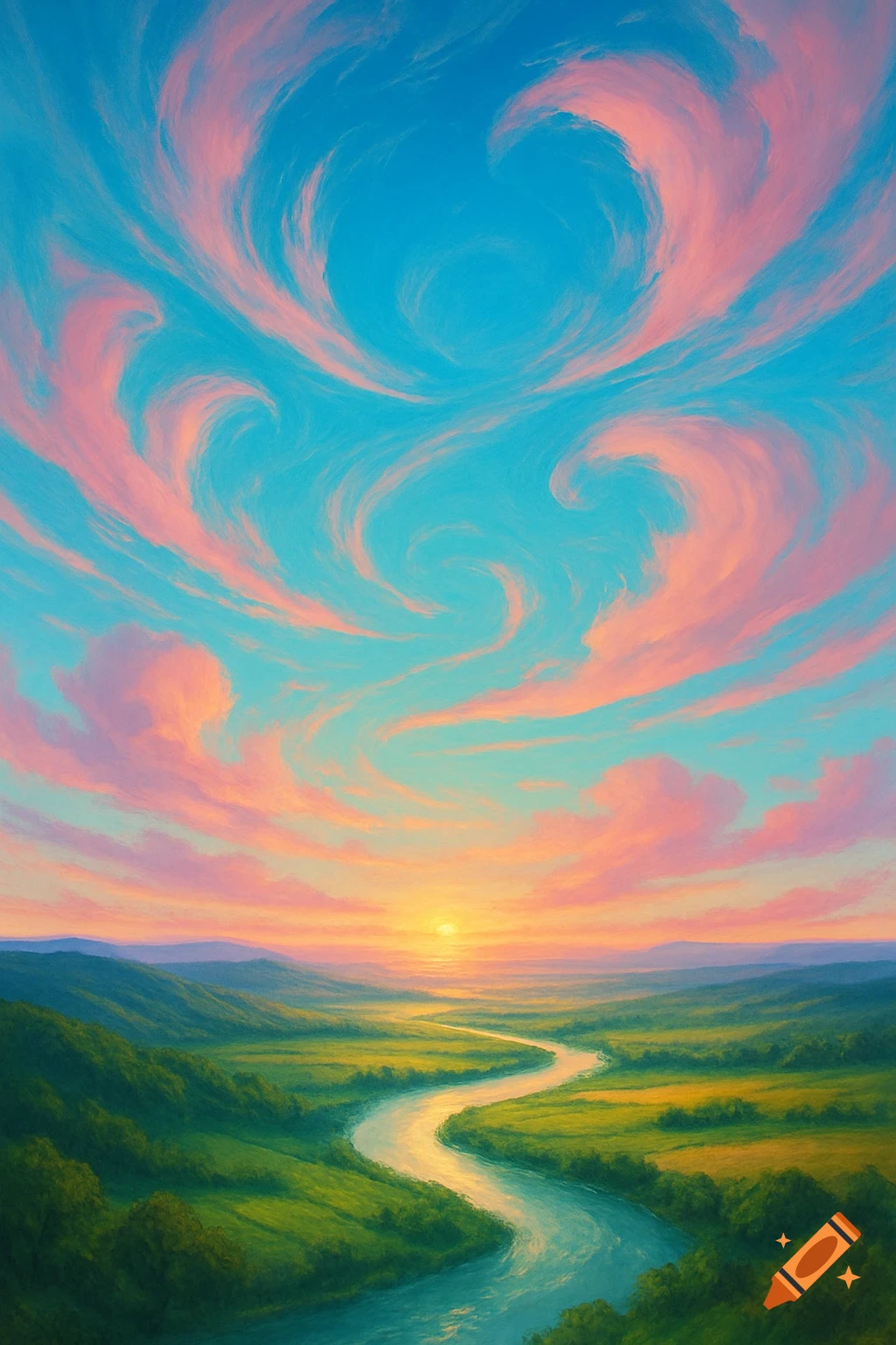 A vibrant painting of a winding river through green fields, rolling hills, and a sunset under a swirling pink and blue sky.