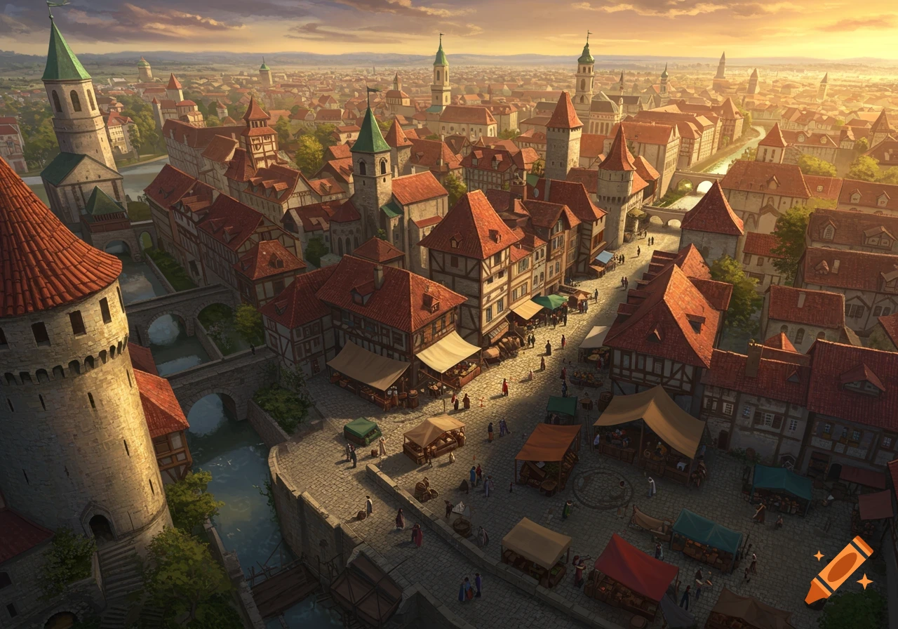 Aerial view of a bustling medieval city with red-roofed buildings, stone towers, a river with bridges, and a lively market at sunset.