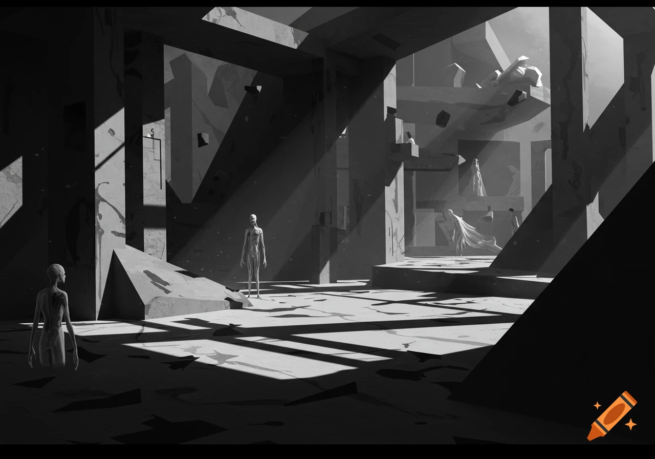 High-contrast black and white surreal architectural ruin with angular shadows and ghostly figures.