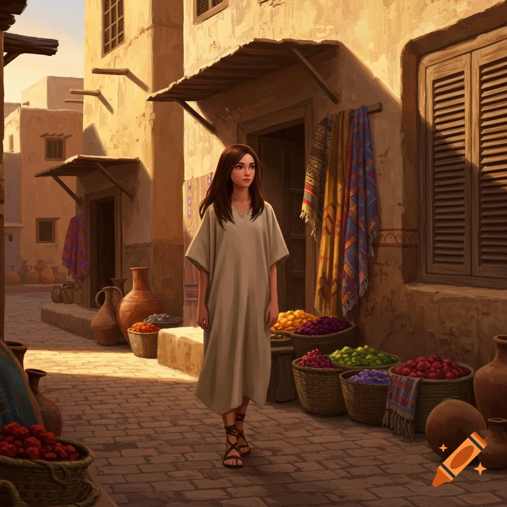 An illustrated girl in a beige tunic stands in a sunlit Middle Eastern street market with baskets of goods.