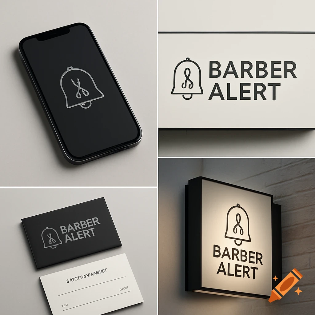 A four-panel grid showing branding mockups for "Barber Alert," including a smartphone with a bell icon, a shop sign, a lighted wall sign, and business cards on a neutral background.