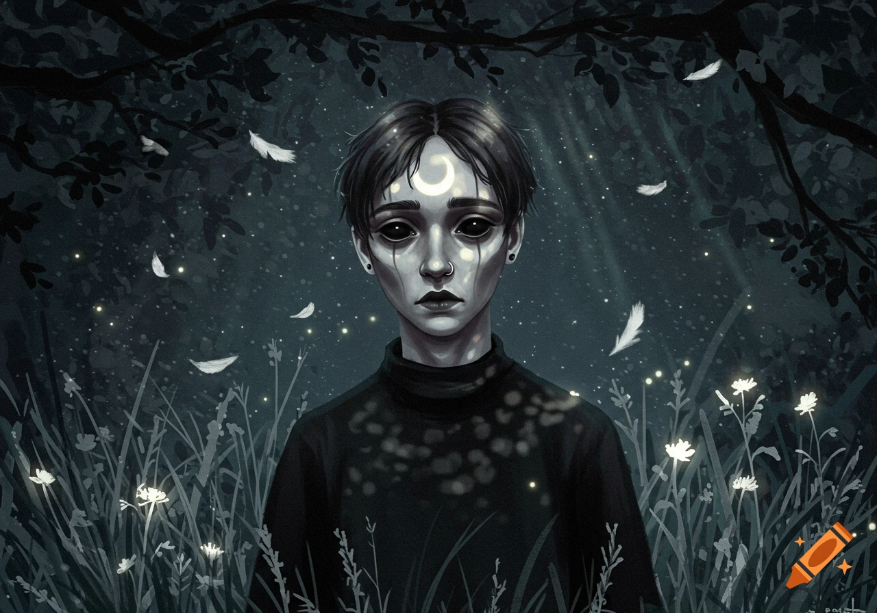 Dark fantasy portrait of a person with black eyes, a crescent moon on their forehead, in a misty forest with glowing flowers and feathers.