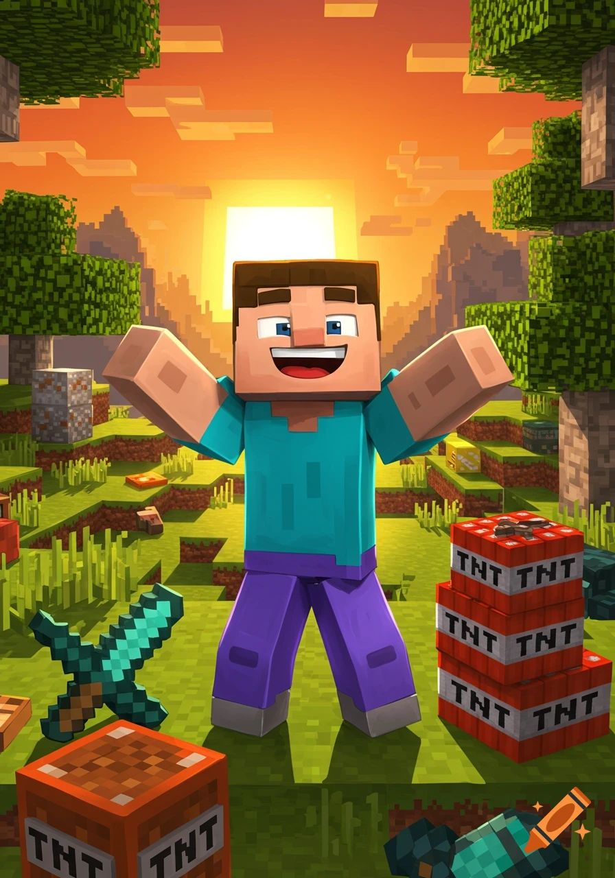 Minecraft character Steve with arms raised in a blocky landscape at sunset, with TNT blocks and a diamond sword.
