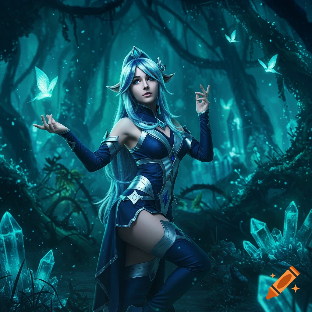 A fantasy character in a blue and silver outfit poses in a dark, glowing forest with blue crystals and ethereal butterflies.