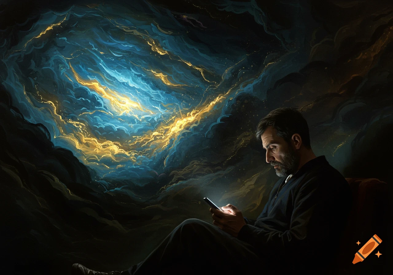 Chiaroscuro oil painting of a man looking at his phone in a dark room with a glowing blue and gold nebula-like sky behind him.