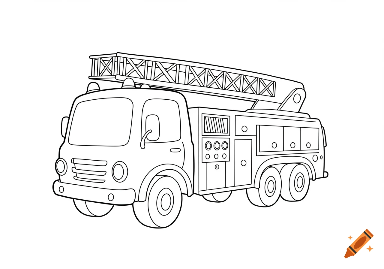 Black-and-white outline cartoon of a simple fire truck with a ladder, designed for coloring.