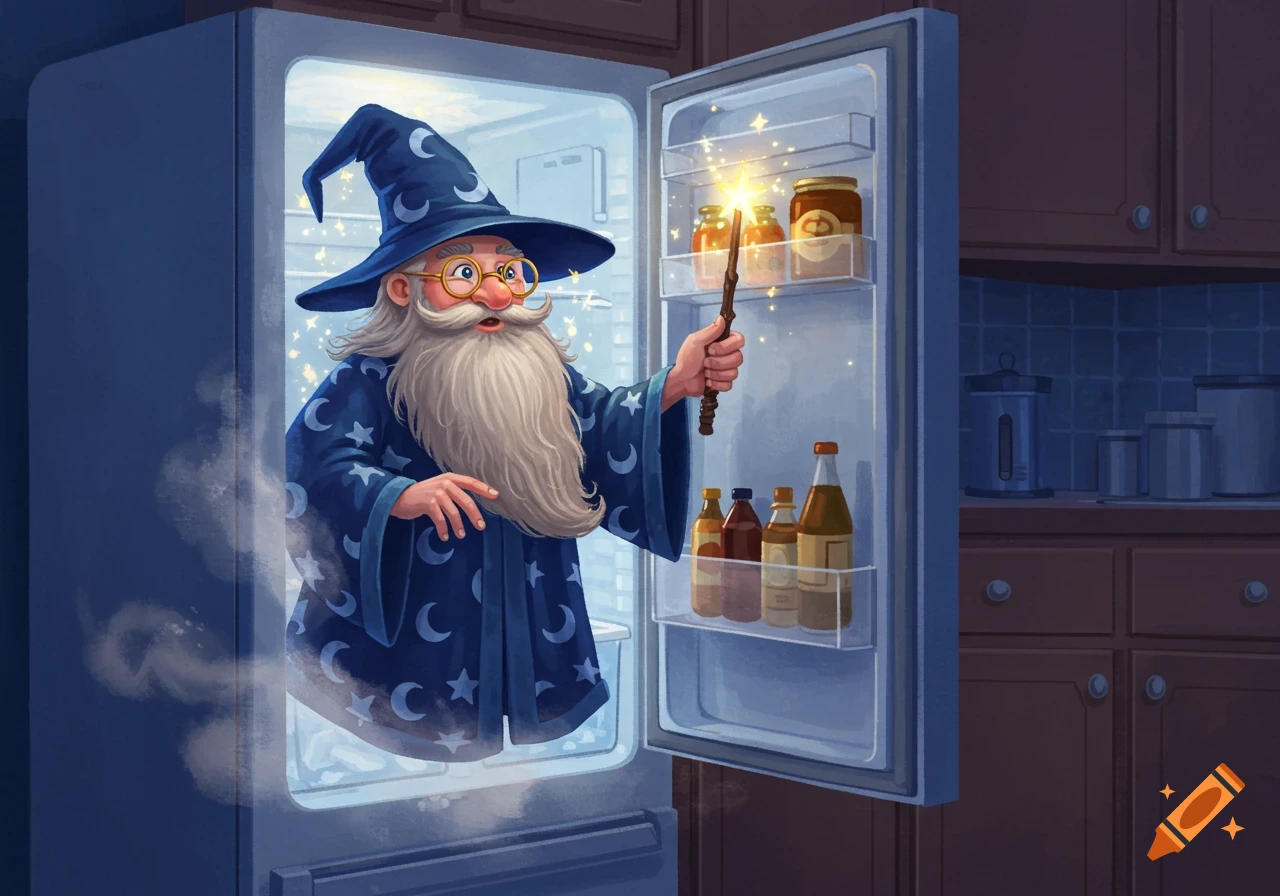A bearded wizard in a blue, star-and-crescent robe with glasses emerges from a fridge, holding a glowing magic wand in an illustrative style.