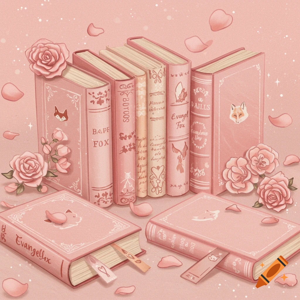 A stylized image of pink books with rose decorations and fox motifs, scattered with pink rose petals on a matching pink background.