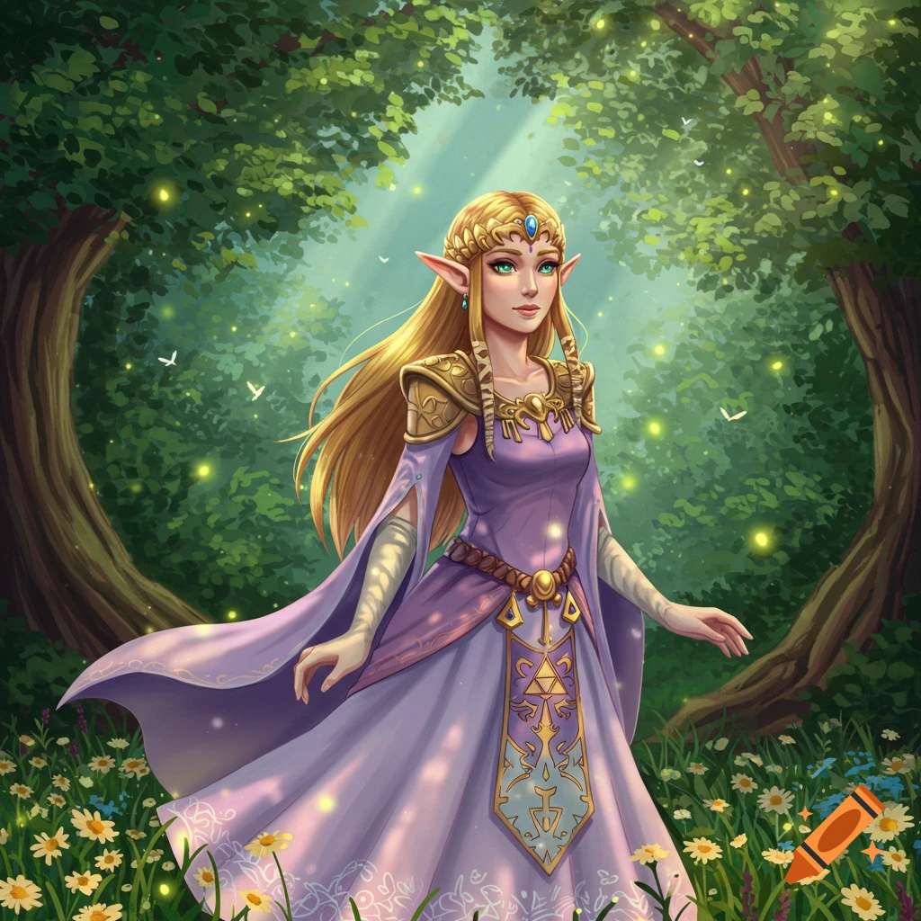 Princess Zelda in a purple dress and gold armor stands in a sun-dappled fantasy forest among white flowers.