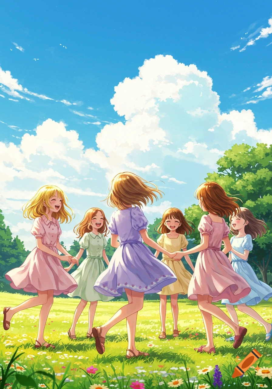 Six anime-style girls in colorful dresses holding hands and dancing in a sunny field with flowers and trees under a blue sky.