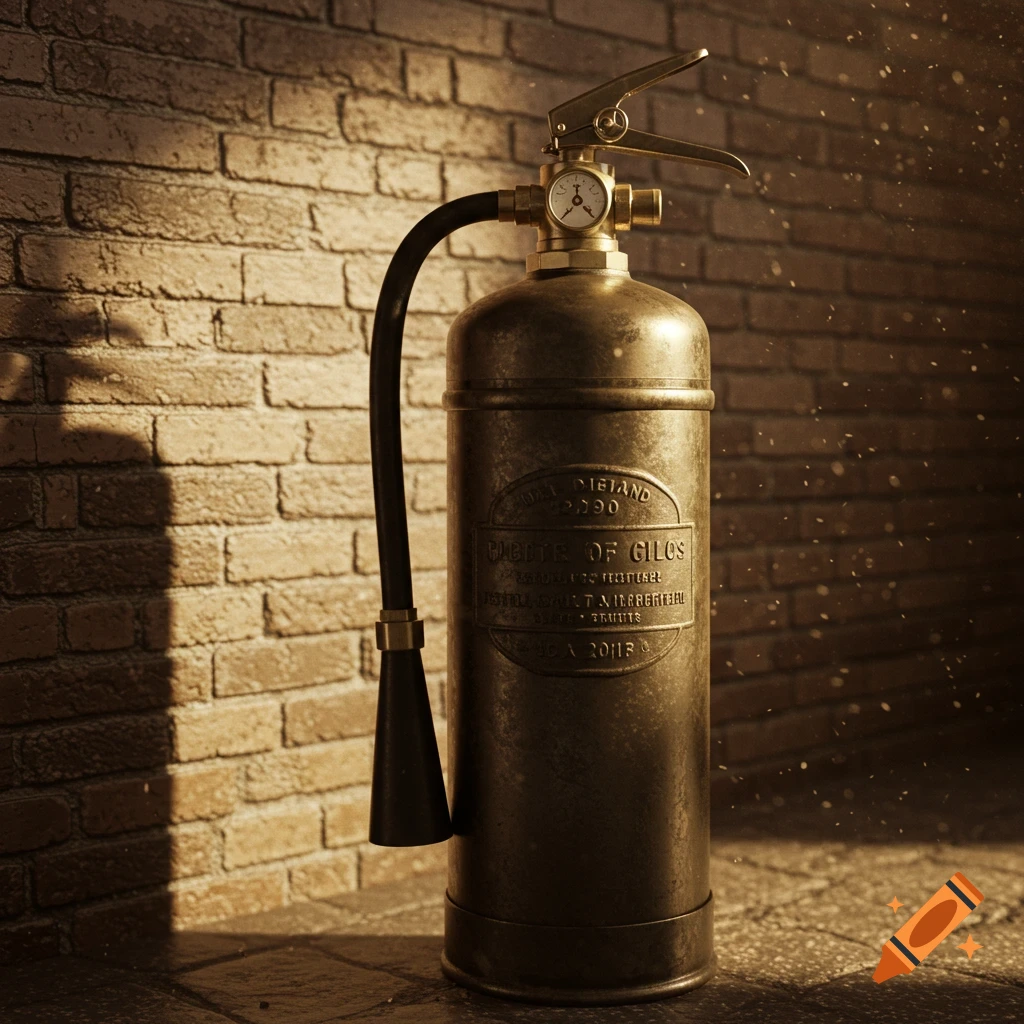 A sepia-toned antique brass fire extinguisher with a black hose stands against a textured brick wall in dim light.