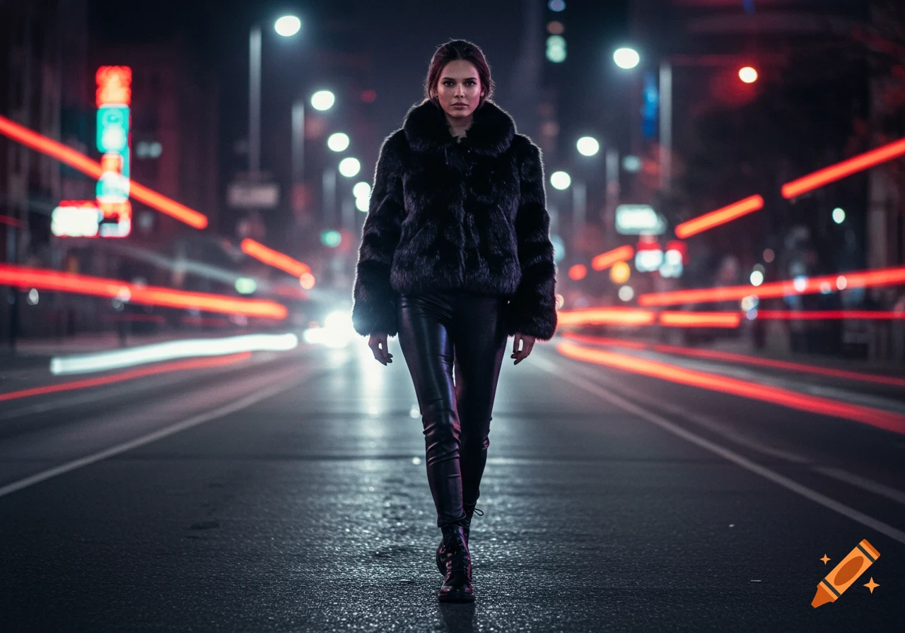 A woman in a black fur jacket and leather pants walks on a wet street at night, with blurred red and white light trails in the background.