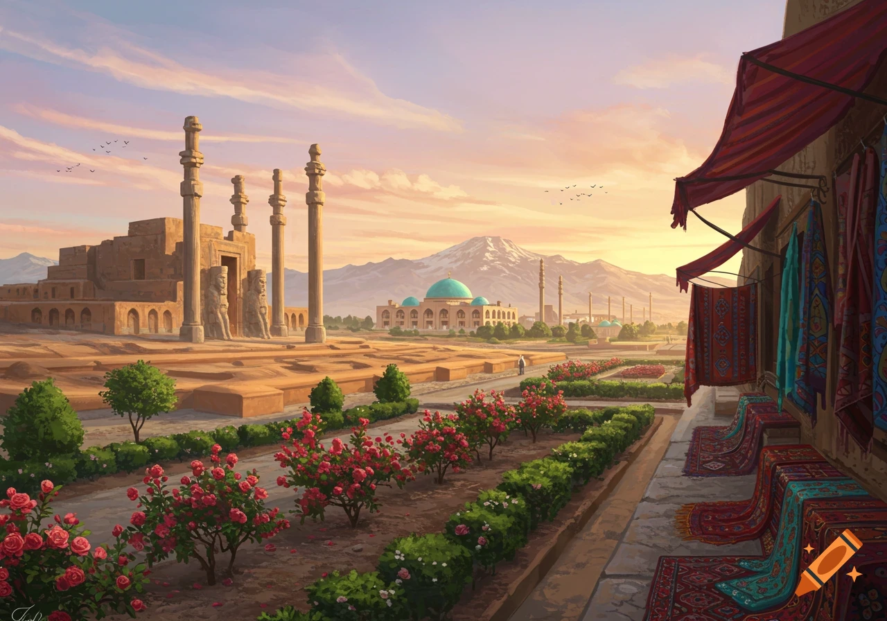 A vibrant illustration of an ancient Persian city with grand stone architecture, rose gardens, and a market stall at sunset, with snow-capped mountains in the distance.