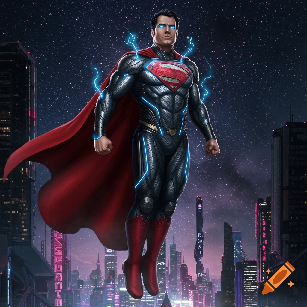 Superman, in a black and red armored suit with blue glowing accents, flies over a futuristic city at night, with a red cape flowing.
