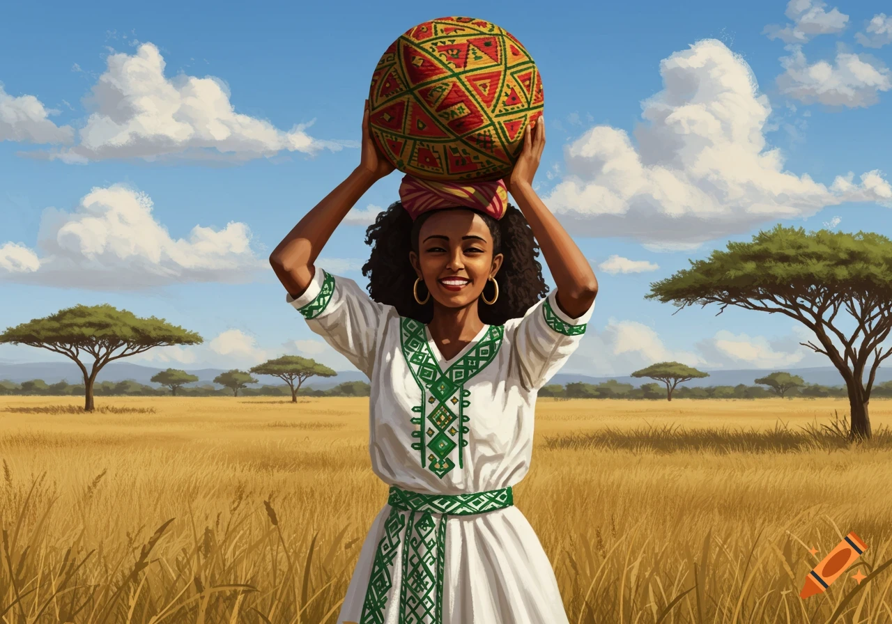 Smiling Ethiopian woman in traditional white dress carries a colorful basket on her head in a golden savanna with acacia trees.