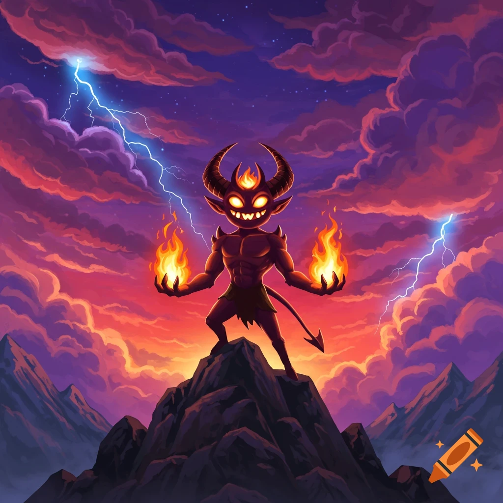 A cartoony demon with horns and glowing eyes stands on a mountain peak, holding fire, as lightning strikes a dramatic purple sky.