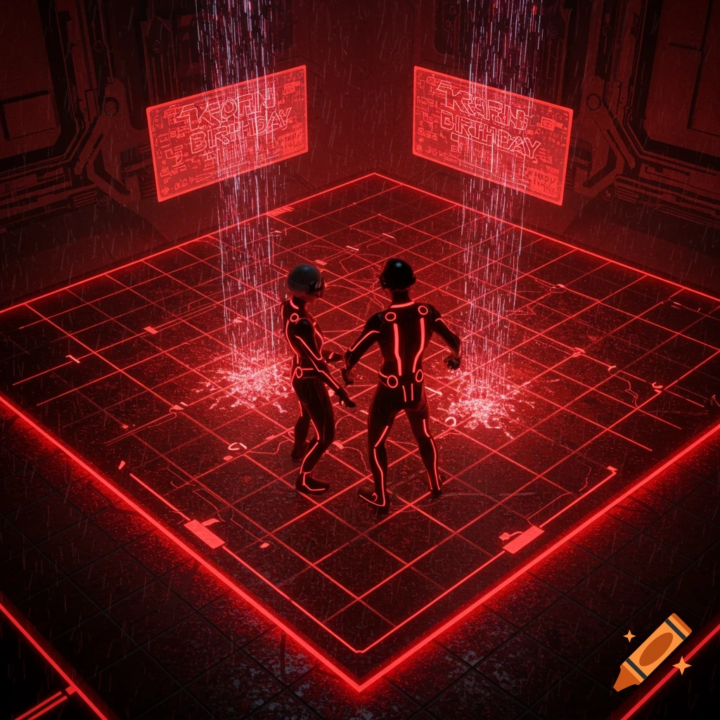 Two glowing Tron-like figures stand in a red-lit futuristic grid environment with falling digital rain.