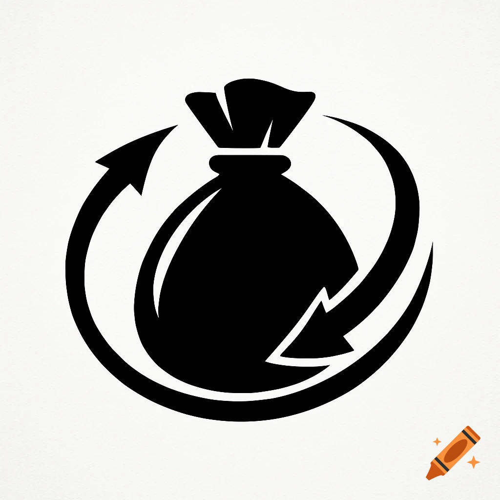 Black silhouette logo of a moneybag encircled by two arrows pointing towards it on a white background.