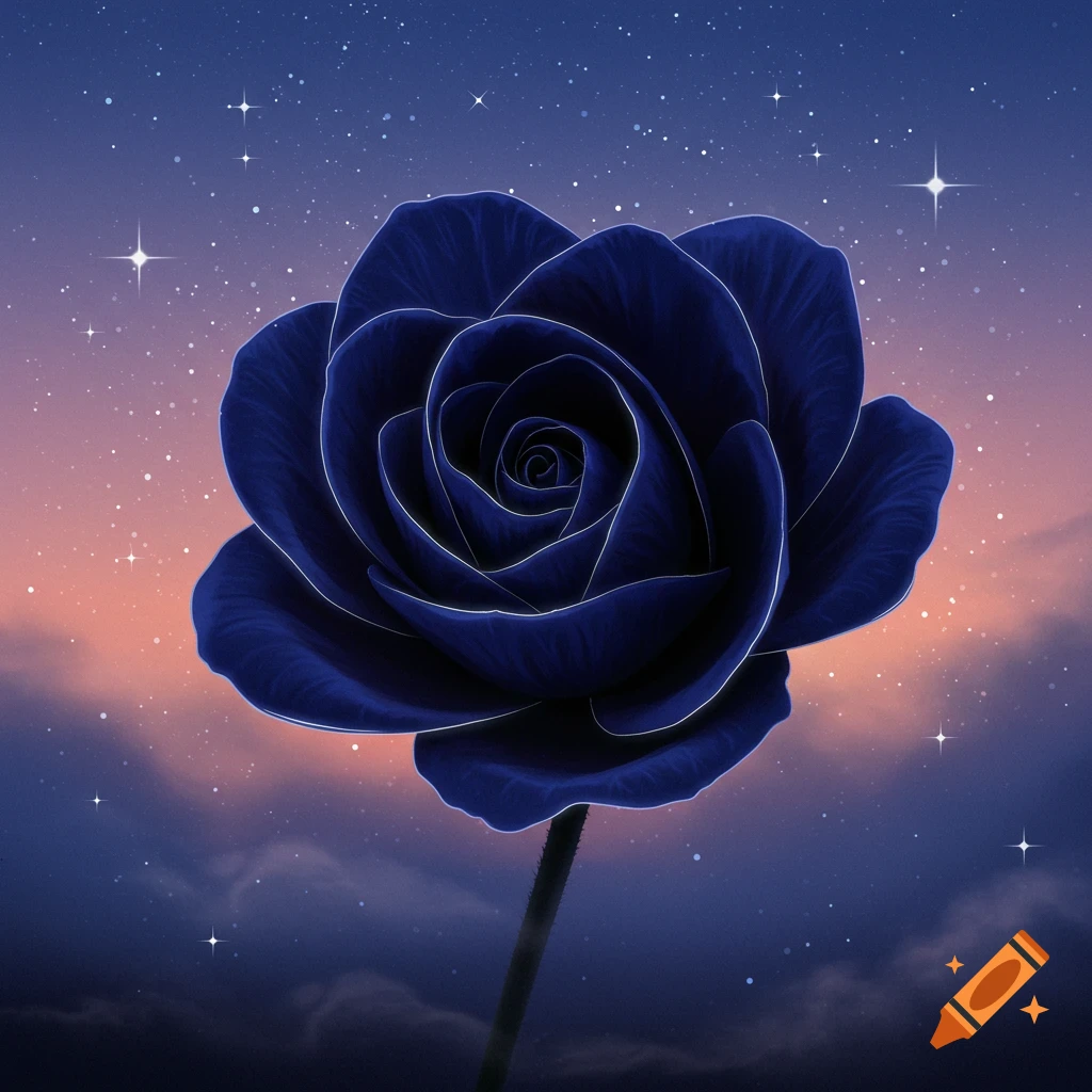 A deep blue rose with glowing edges stands against a twilight sky filled with white stars and clouds, with a soft pink glow near the horizon.