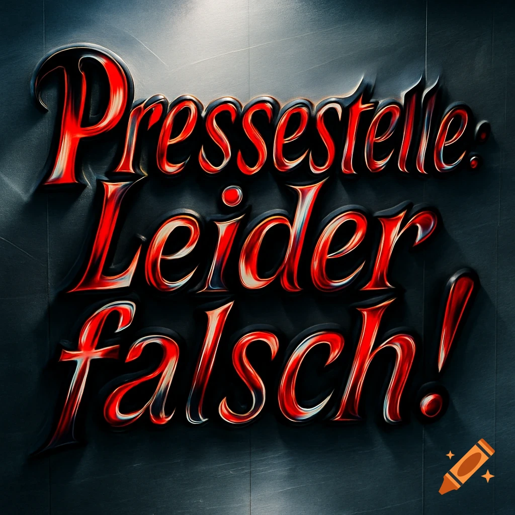 3D text in red and black, 'Pressestelle: Leider falsch!', on a dark metallic background.