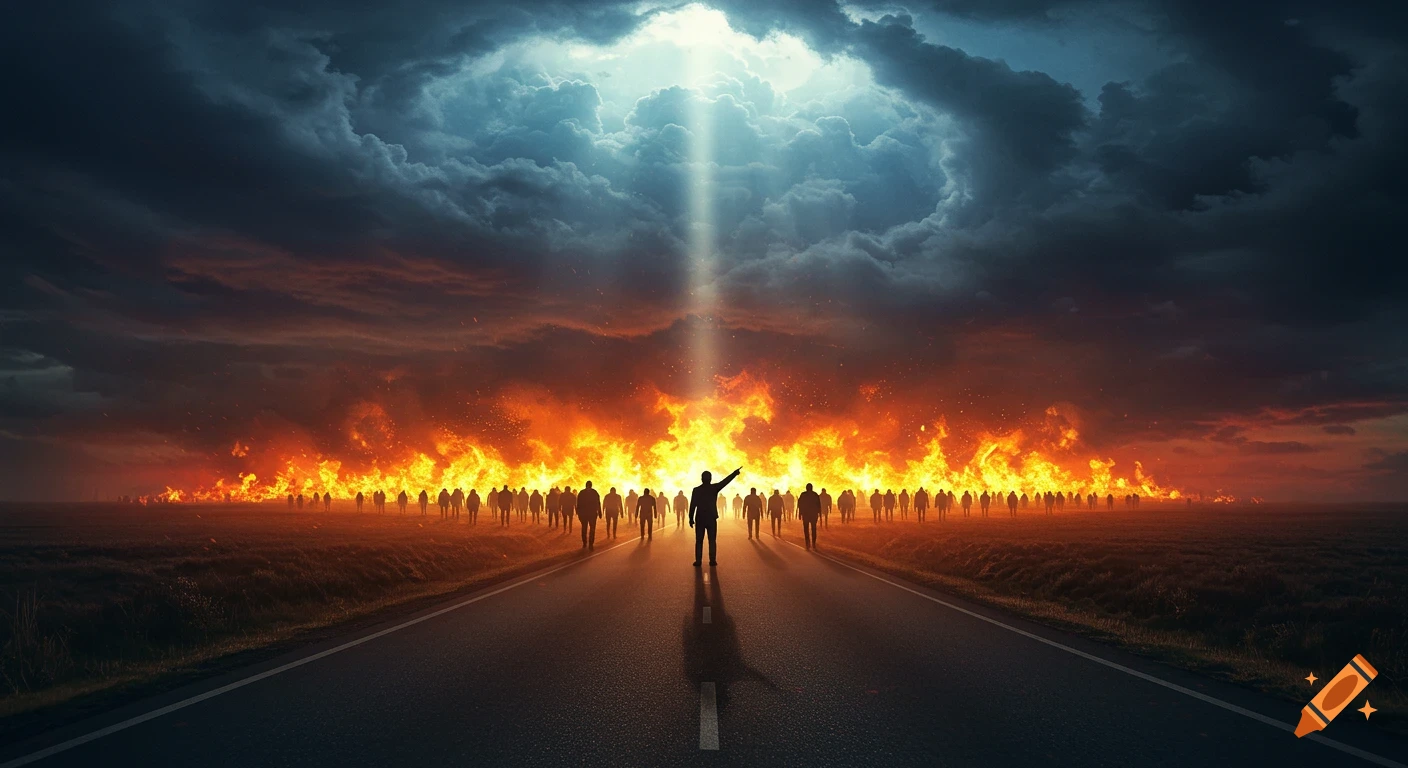 A man on a road points towards a light beam from dark storm clouds, while a crowd of people walks towards a fiery horizon.