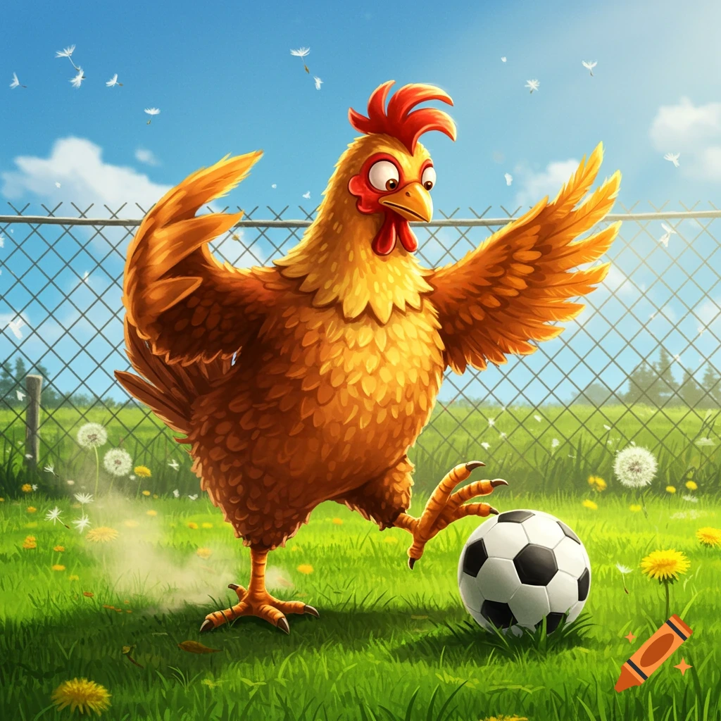 A cartoon chicken with orange feathers plays soccer in a green field under a blue sky with a fence in the background.