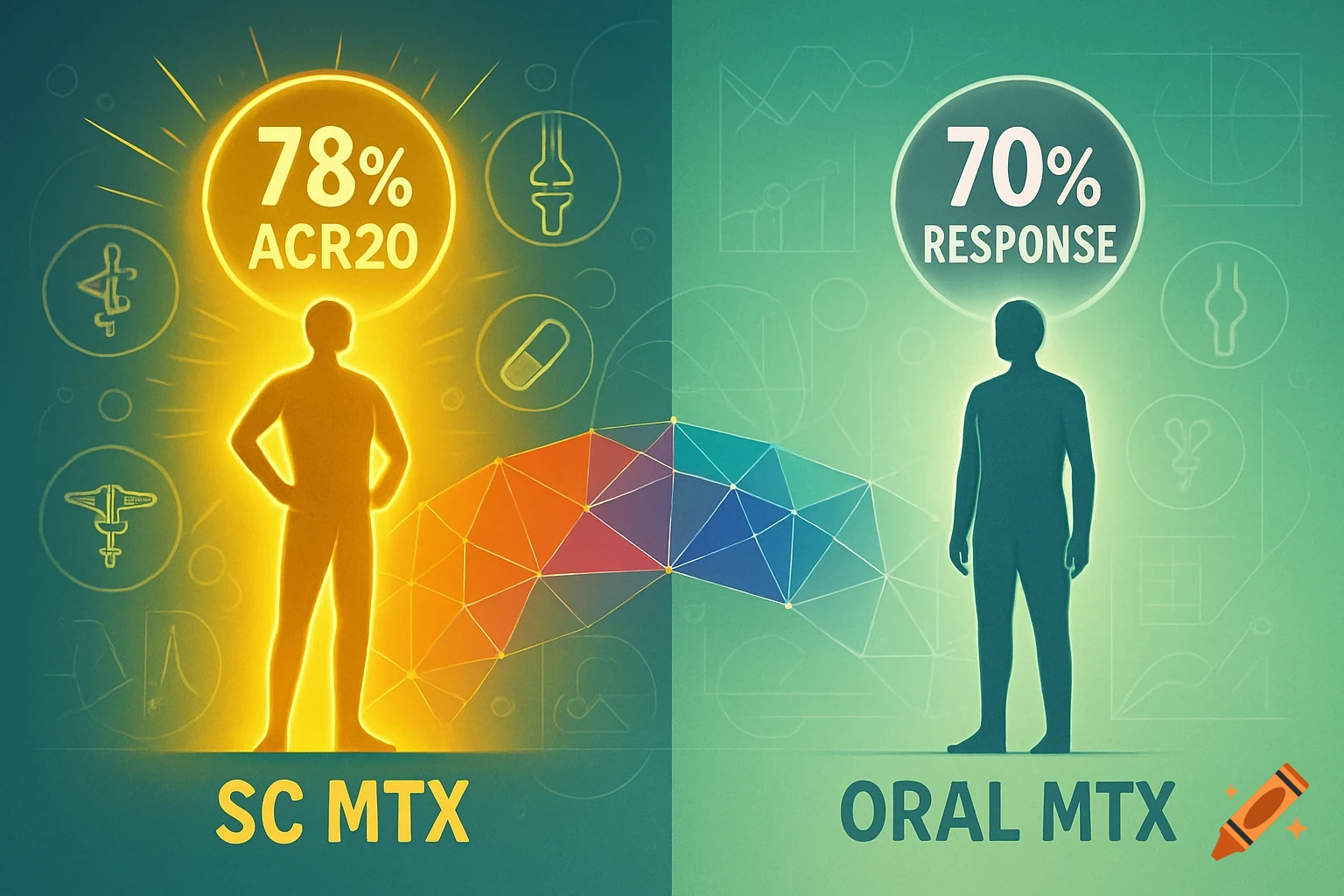 Scientific illustration comparing SC MTX (78% ACR20 efficacy) and Oral MTX (70% response), with silhouettes and medical icons.