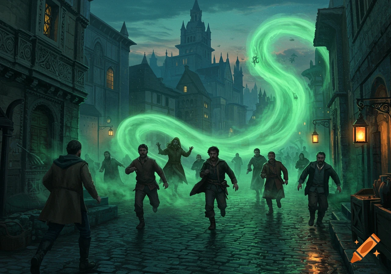 People run in fear from an eerie green magical fog through the cobblestone streets of a dark fantasy medieval city.