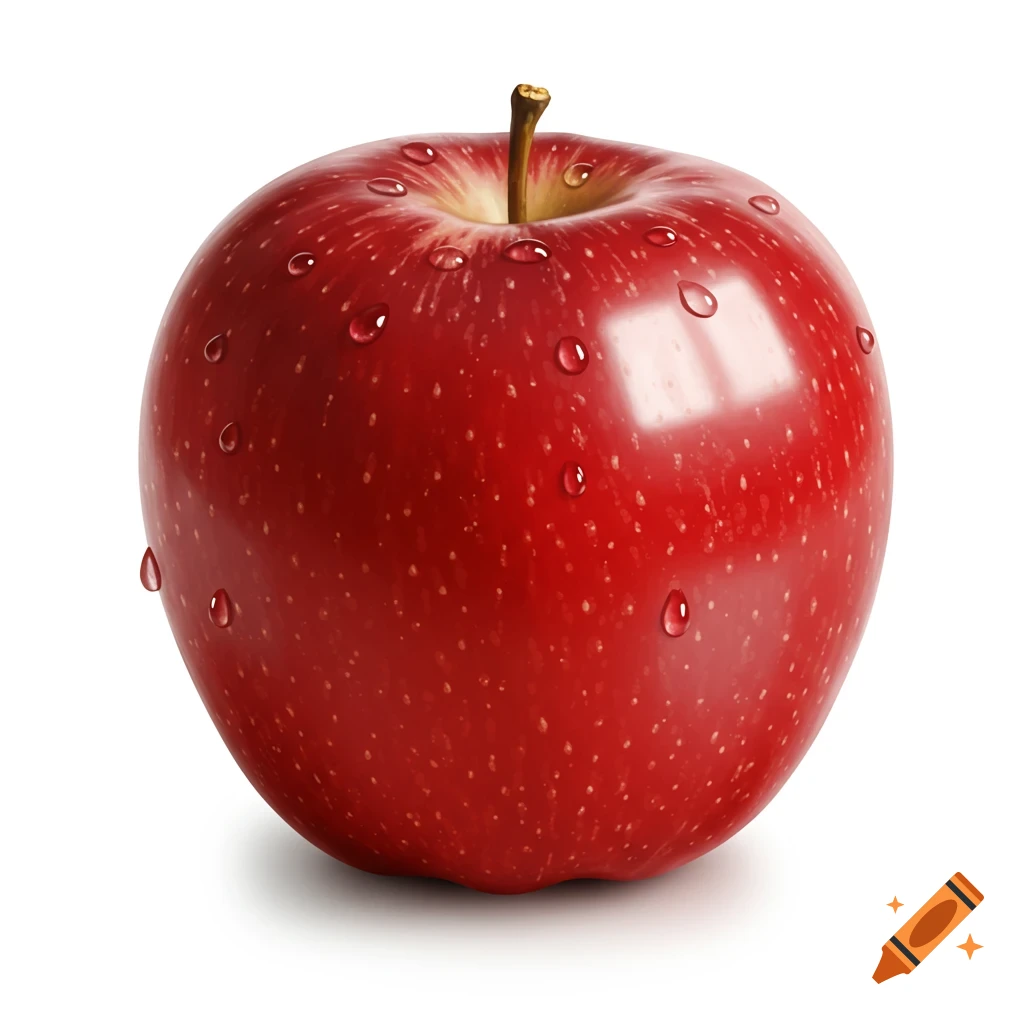 A single, glossy red apple with water droplets on its skin, set against a pristine white background.