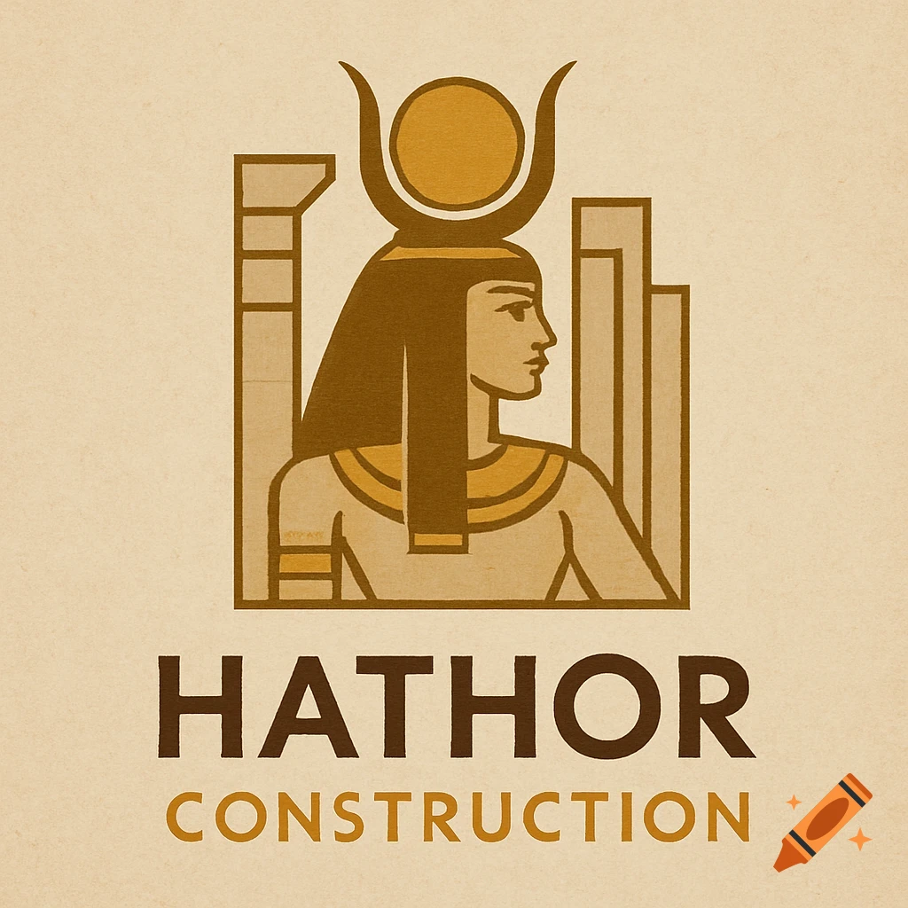 Egyptian-themed logo featuring stylized goddess Hathor with sun disk, above 'HATHOR CONSTRUCTION' text.