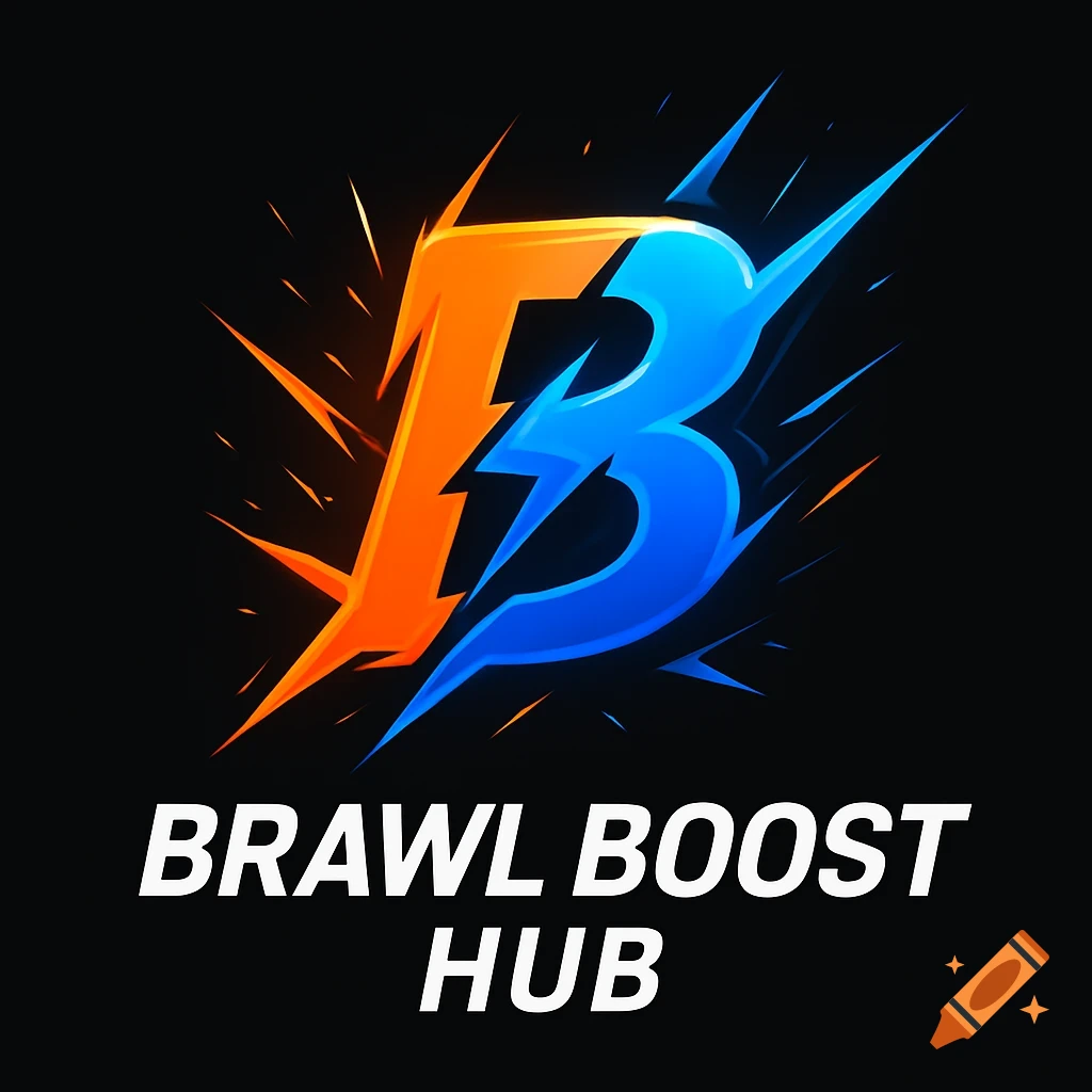 A dynamic logo with an orange 'B' merging with a blue 'B' amidst lightning effects, with 'BRAWL BOOST HUB' text.