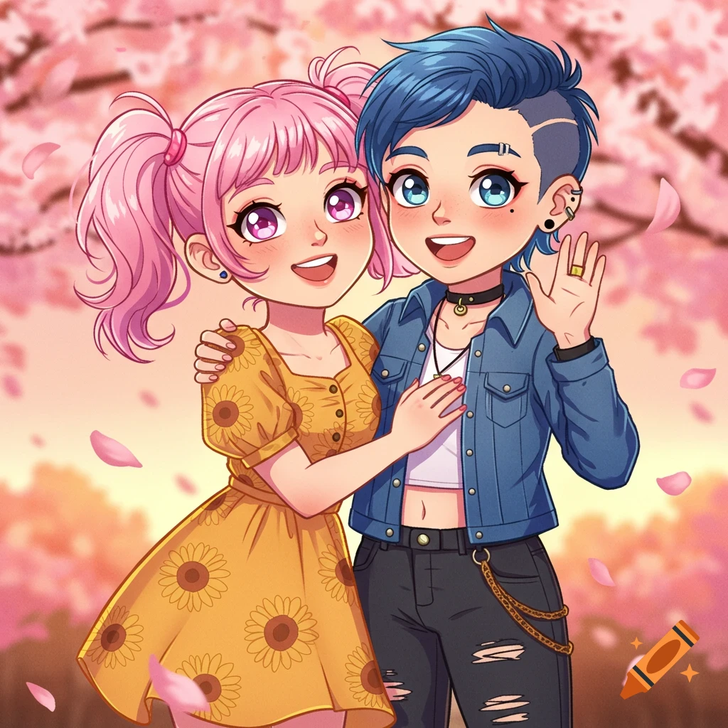 A cute anime lesbian couple smiling and hugging under a cherry blossom tree, one waving. Cartoon style.