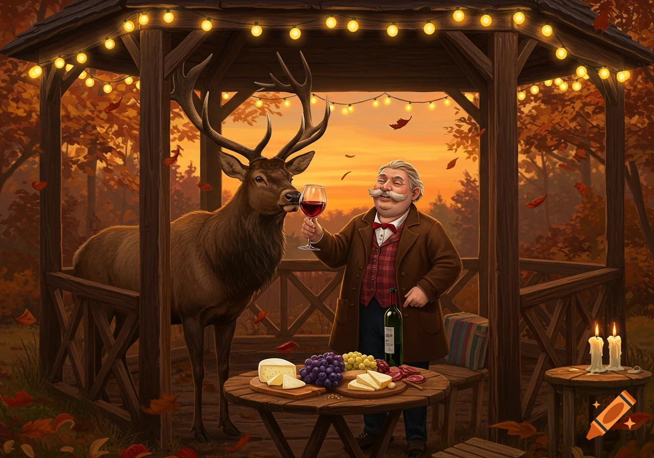 A smiling gentleman with a mustache toasts with a glass of red wine next to an elk in a gazebo adorned with string lights during an autumn sunset. A table holds cheese, grapes, and wine.