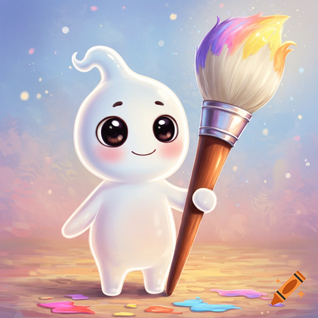 A cute, white, bubble-like cartoon character with big eyes smiles while holding a large, colorful paintbrush over spilled paint.