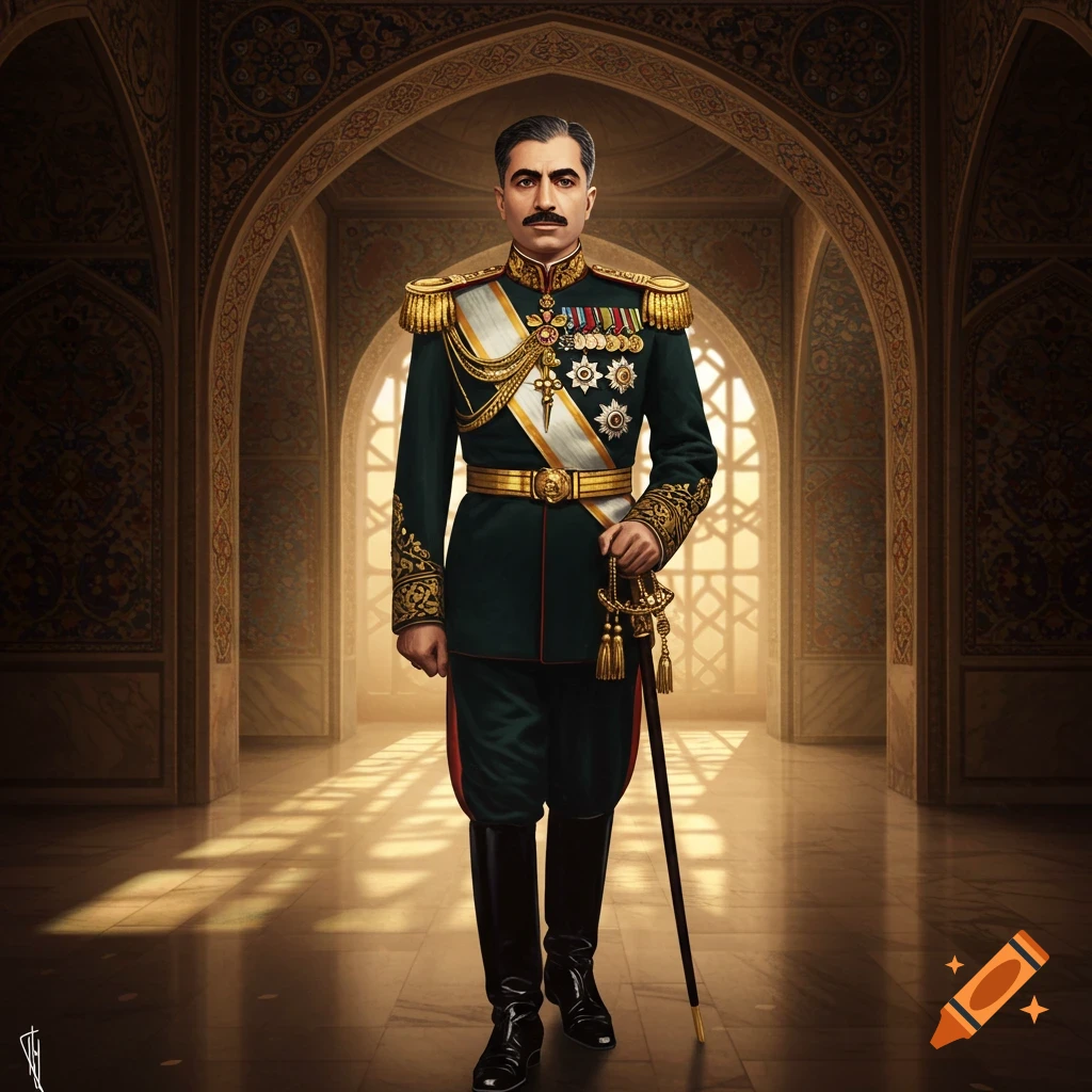 A solemn man in a dark green military uniform with gold braid and medals stands in an ornate, sunlit hall with arched doorways.