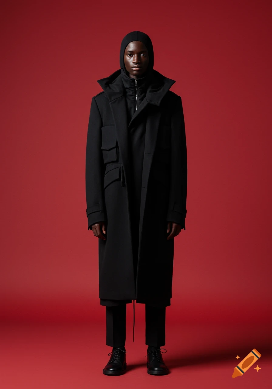 A dark-skinned model in oversized black streetwear, including a hooded jacket and long coat, standing against a red background.