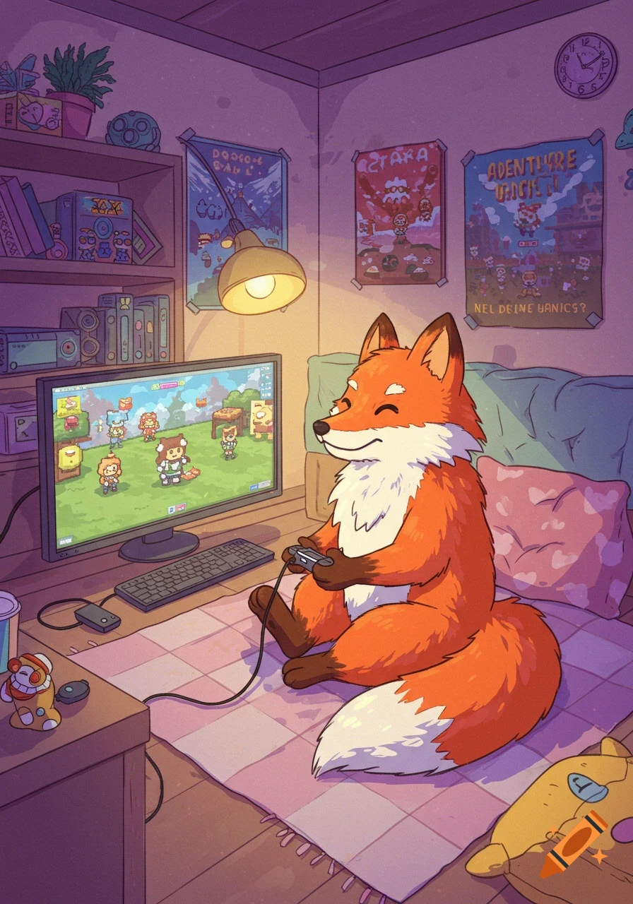 A happy cartoon fox sits on the floor of a cozy room, playing a video game on a computer monitor.