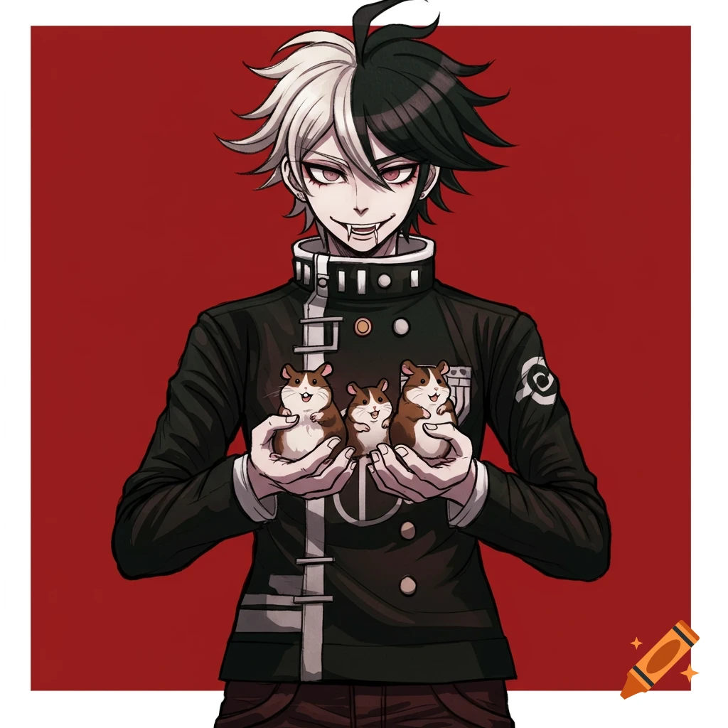 Anime character Gundham Tanaka with split black and white hair and red eyes holding three hamsters against a red background.