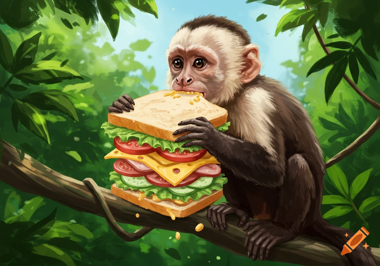 A cute capuchin monkey sits on a tree branch, happily eating a giant layered sandwich in a lush jungle.