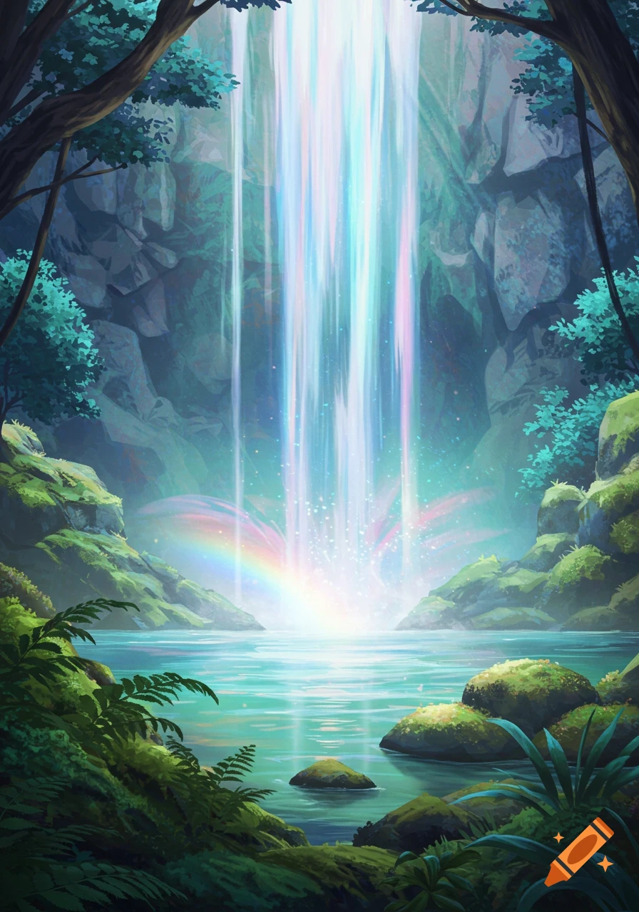 A vibrant iridescent waterfall cascades into a serene pool in a lush fantasy forest.