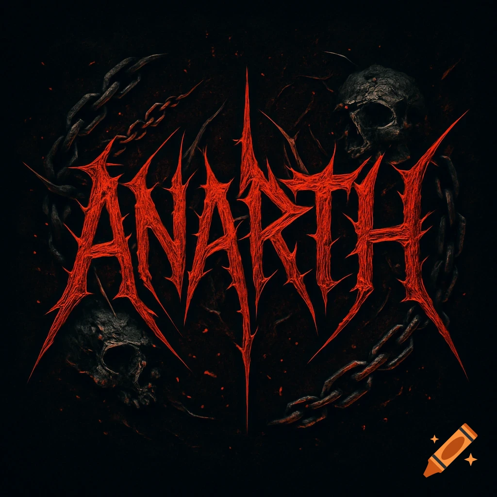 Dark, stylized heavy metal band logo featuring the red spiky text 'ANARTH' with skulls and chains.