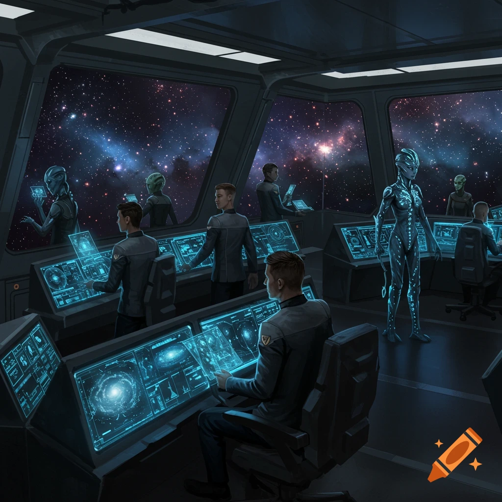 A realistic digital painting of a diverse human and alien crew operating glowing consoles on a futuristic spaceship bridge, overlooking a star-filled galaxy.