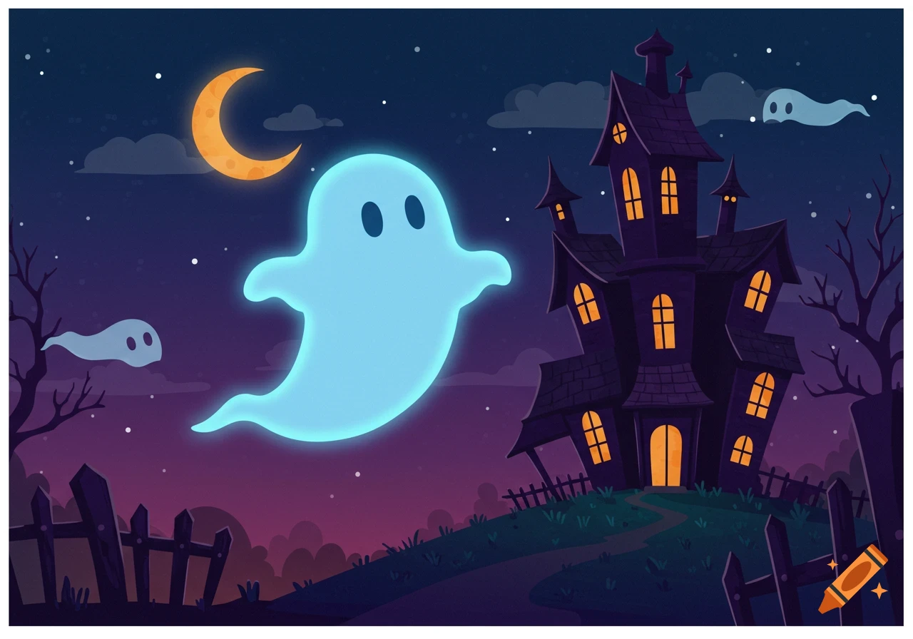 A glowing blue cartoon ghost with dot eyes floats in front of a spooky haunted house on a hill under a crescent moon at night.