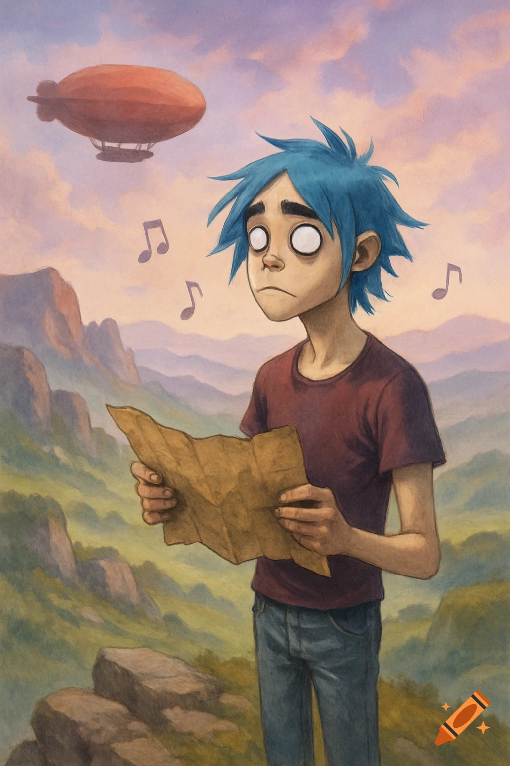 2-D from Gorillaz stands on a hill holding a map, looking confused, with a red blimp in the sky. Cartoon illustration style.