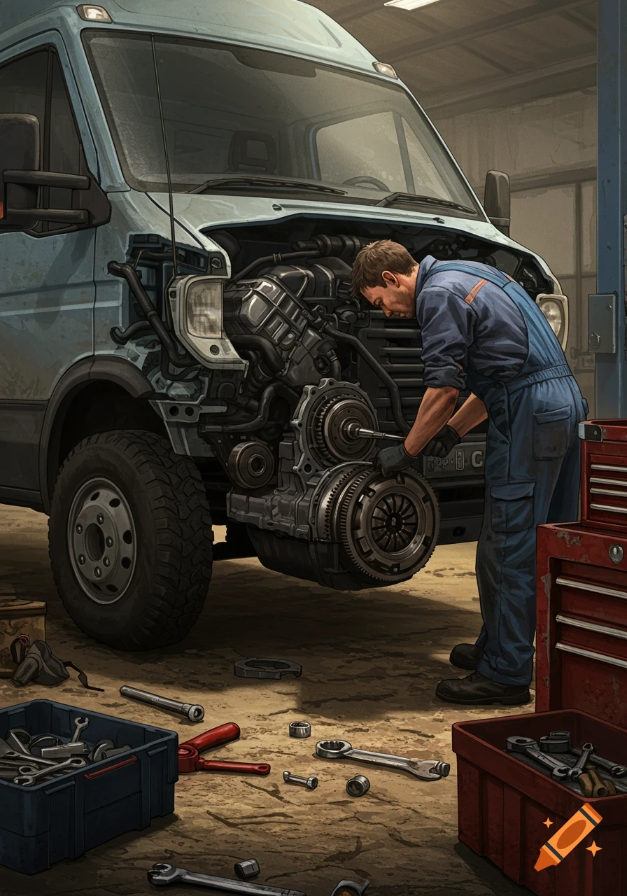 Detailed illustration of a mechanic in blue overalls changing a van's clutch, with tools scattered around a gritty workshop.