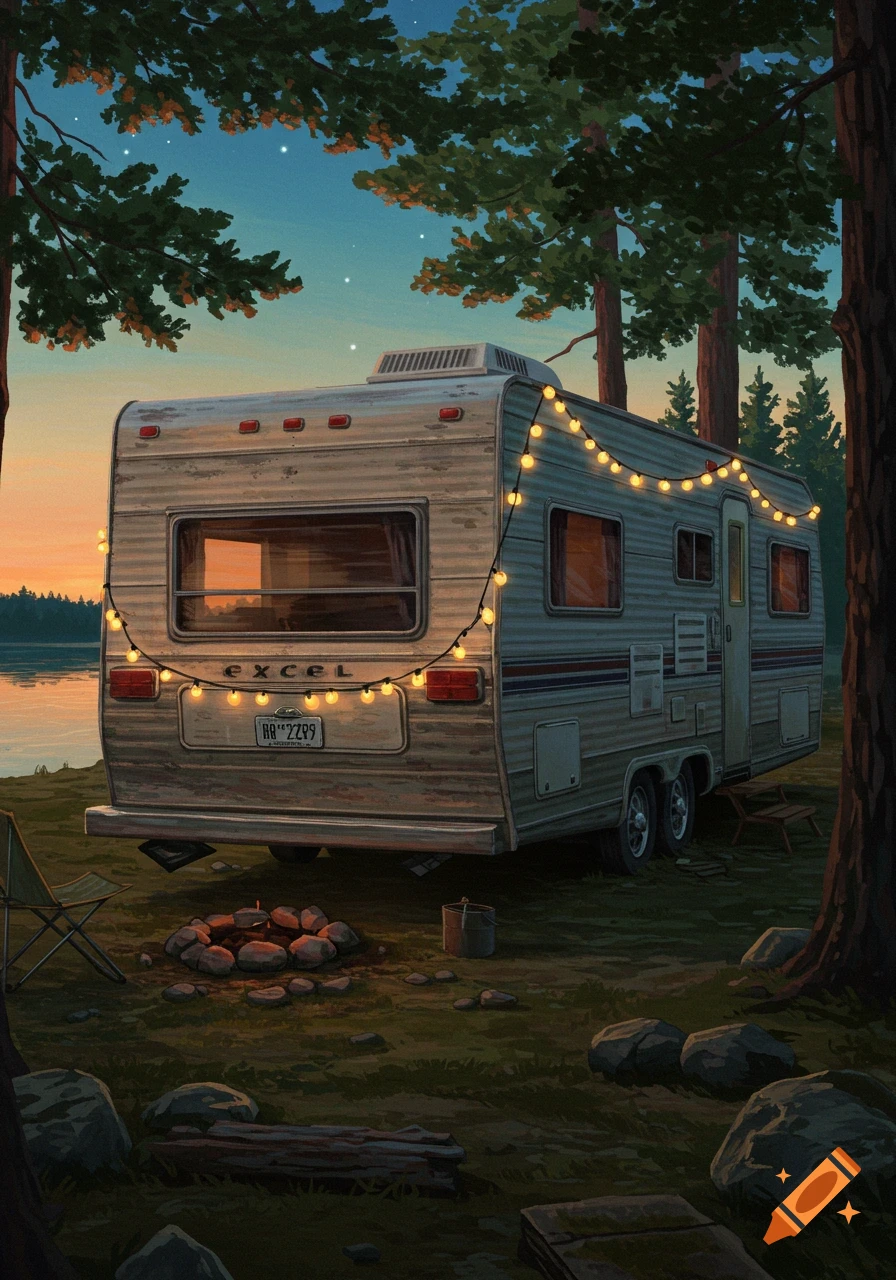 An illustrated rear view of an old camper trailer by a lake at dusk, with string lights, trees, and a campfire.