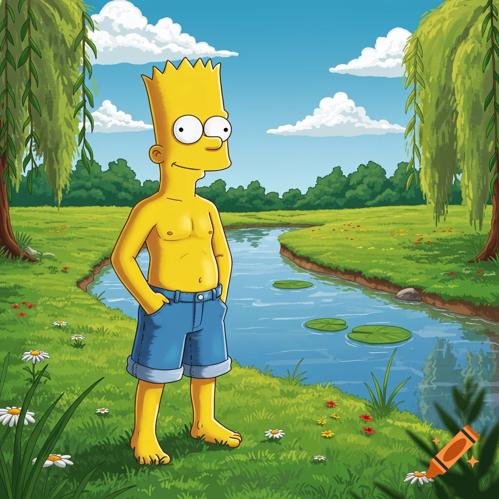 Bart Simpson stands shirtless in blue shorts by a river in a cartoon landscape with trees and flowers.