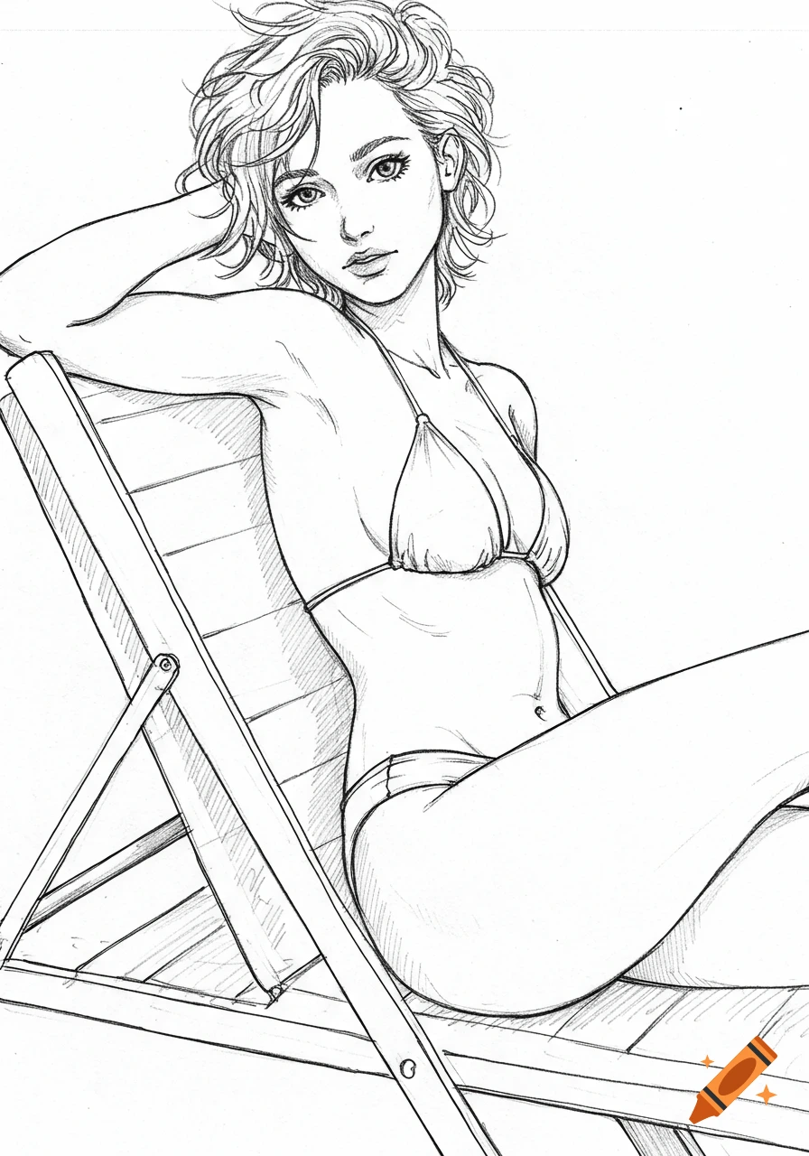 Pencil line art of a woman with short, curly hair in a bikini, lying on her side on a lounge chair, looking at the viewer.
